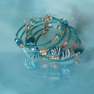 Handcrafted Turquoise Silver Beaded Memory Wrap Bracelet